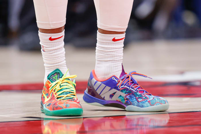View of multi-color Nike Kobe shoes.